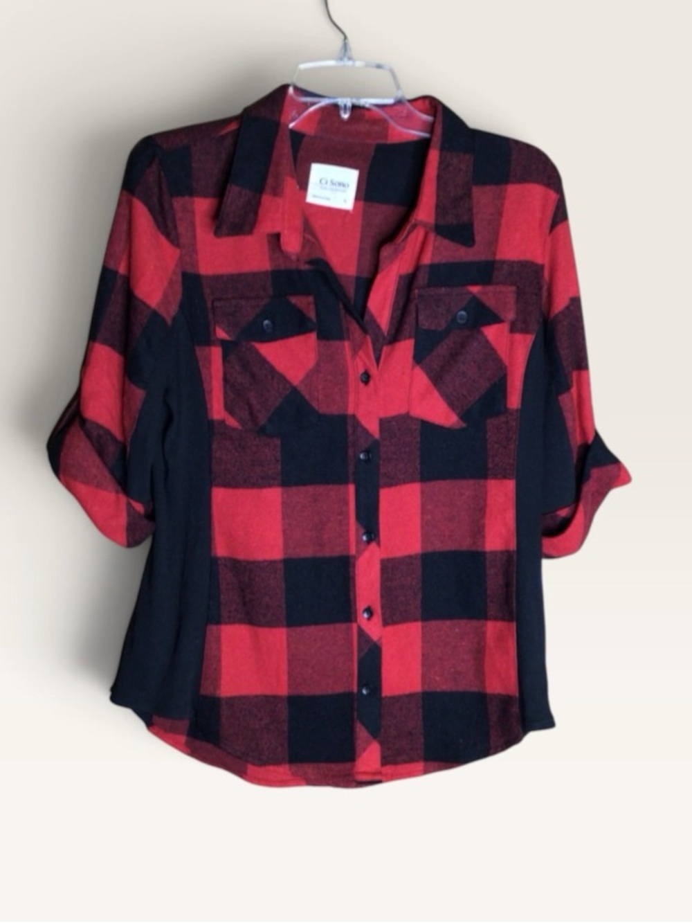 Ci Sono Plaid Collection L Red Black Buffalo Plaid Button Front Shirt
